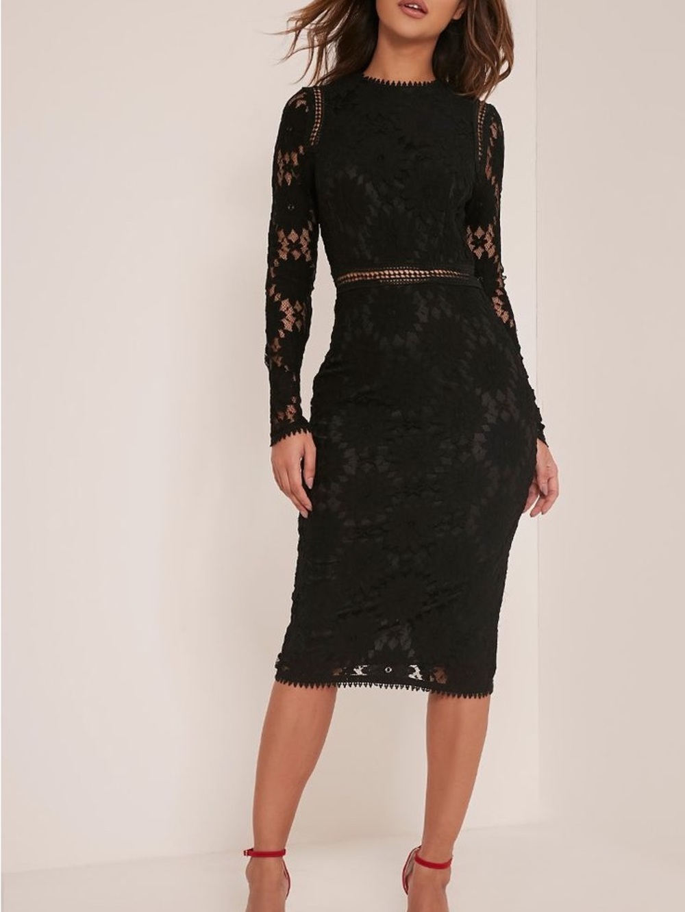 NWT PRETTYLITTLETHING Caris Black Long Sleeve Lace Midi Bodycon Dress Size 0